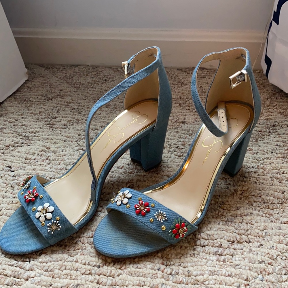 Jessica Simpson denim heel with flower metal detail